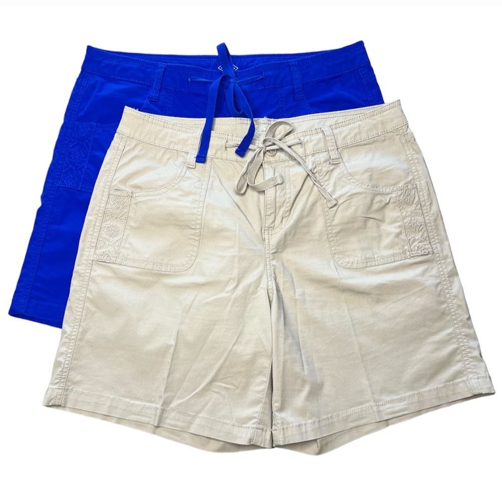 St. John’s Bay Two Pairs Embroidered Drawstring Shorts Khaki/Blue, Women’s 10